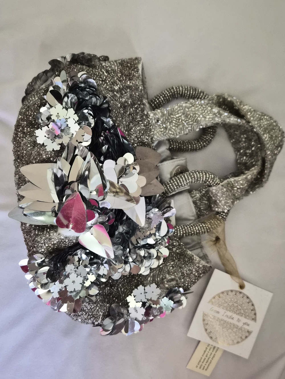 Sparkling Silver Floral Sequin Evening Clutch